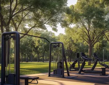 Outdoor fitness area with gym equipment