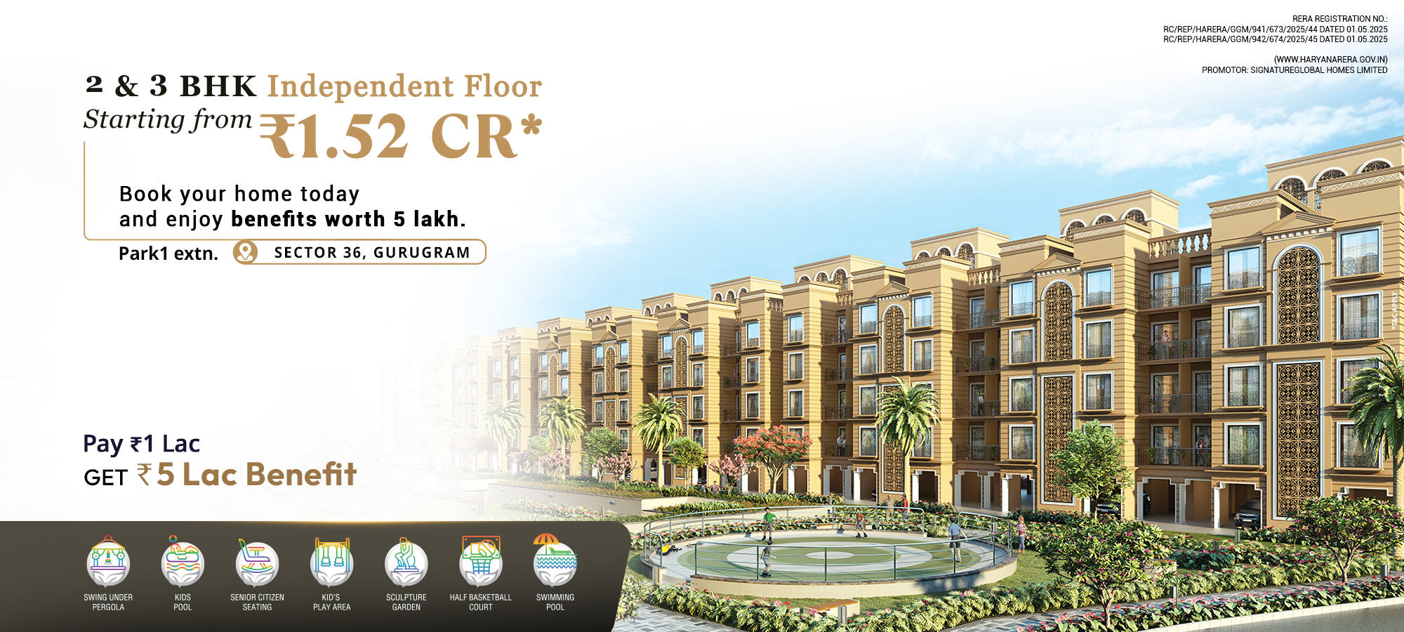 Signature Global Park1 extn., Sector 36 Gurugram - 2 & 3 BHK independent floors starting from Rs 1.52 Cr